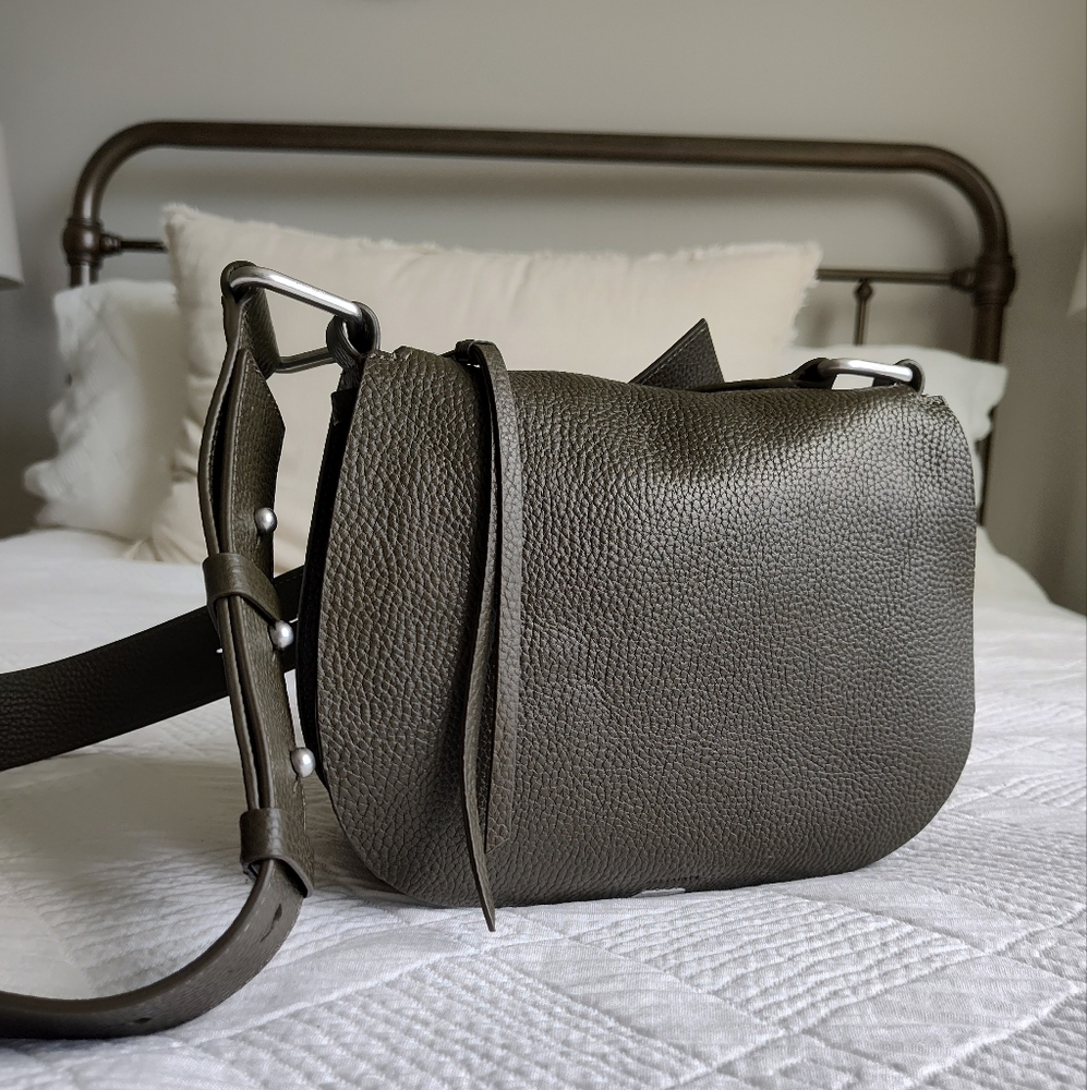 Allsaints Captain Round Leather Crossbody Bag In Sycamore Green New